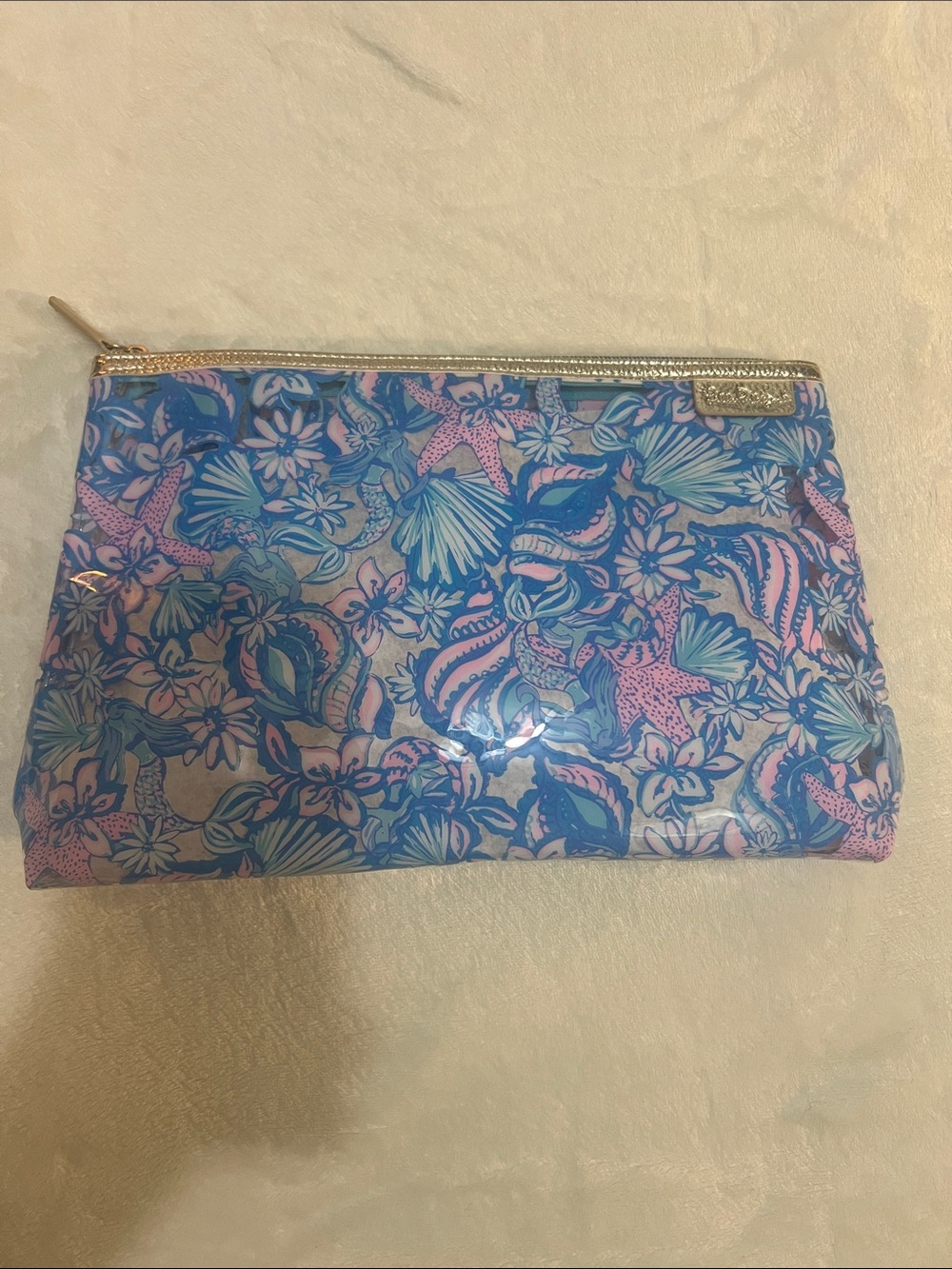 Lilly Pulitzer Blue & Pink Floral Cosmetic Pouch with Gold Zip